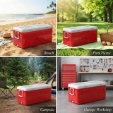 A red ribbed cooler with a white lid is shown in four lifestyle settings: Beach, Park Picnic, Campsite, and Garage Workshop. Each panel shows the cooler placed in a real environment with relevant props like sand, grass, trees, and workshop tools.