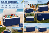 A promotional collage for a 150L ice box cooler, showing the cooler filled with bottled drinks in beach and camping scenes, plus front and side angle views and feature callouts.