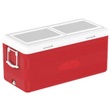 Red cooler box with white lid on a white background