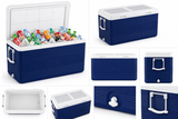 A collage showing multiple views of a deep blue and white cooler, including one large open view filled with bottled drinks and several smaller detail views of the exterior and handle area on a white background.