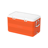 An orange and white cooler with a textured orange body, a white lid, and white carrying handles, shown on a plain white background.