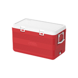 A red and white cooler with a ribbed exterior, white lid, and white carrying handles, shown on a plain white background.