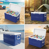 A 2x2 collage showing a blue and white cooler in beach, campsite, boat, and sunset beach settings, with the cooler filled with bottled drinks in some panels.