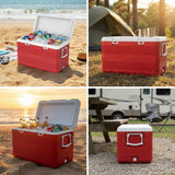 A 2x2 collage showing a red and white cooler in four outdoor settings: on a sandy beach with drinks, next to a tent with a pot, by the ocean at sunset, and parked beside a picnic table and RV.