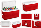 A collage of product views of a red and white Kregoid cooler, including one open view filled with bottled drinks on ice, several closed front/side views, an interior view, and a close-up of the handle and latch.