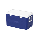 A blue and white cooler with a ribbed blue body, a white lid, and white carrying handles, shown on a plain white background.