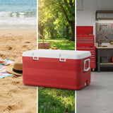 A red and white cooler is shown in a beach scene, a grassy backyard, and a garage workshop setting, with the cooler centered across the three panels.