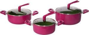Set of 3 Ceramic Coated Pink Cooking Pots With Lid