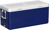 A blue and white Cosmoplast ice box with a capacity of 150 liters.